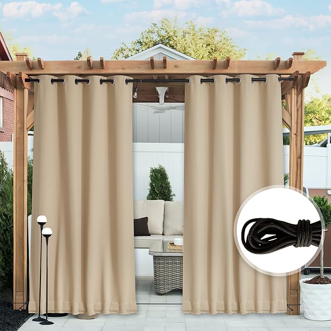 NICETOWN 2 Panels Outdoor Curtains for Patio Waterproof & Windproof, Thermal Insulated Top & Bottom Grommet & Back Tab Light Block Outdoor Drapes with Bouns Rope for Fixed, Biscotti Beige, W52 by L95 NICETOWN