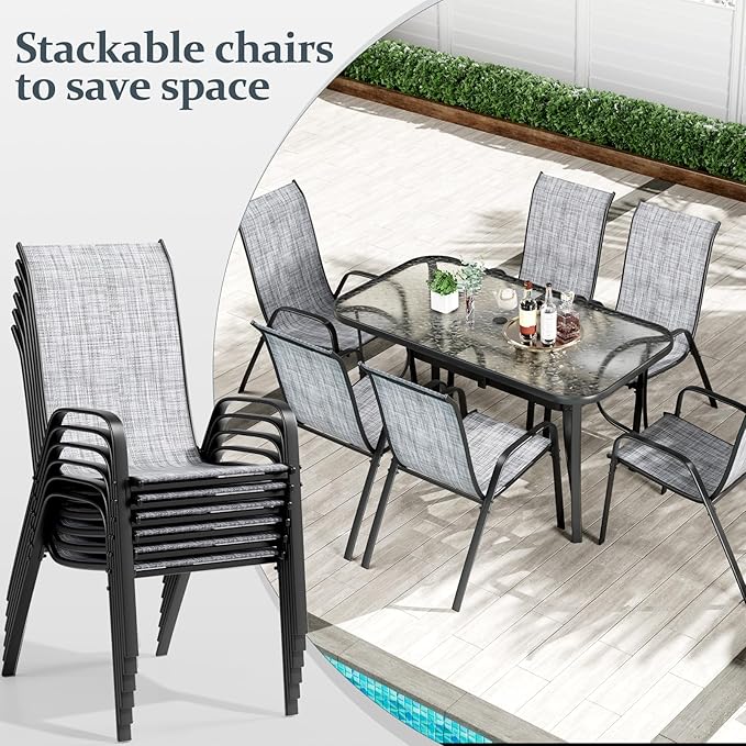 TLSUNNY 7 Pieces Patio Dining Set, Outdoor Table and Chairs W/1.69″ Umbrella Hole, 30"X 55" Table and Stackable Textilene Chair, All Weather Patio Furniture Set (Umbrella not Included) (Grey) TLSUNNY