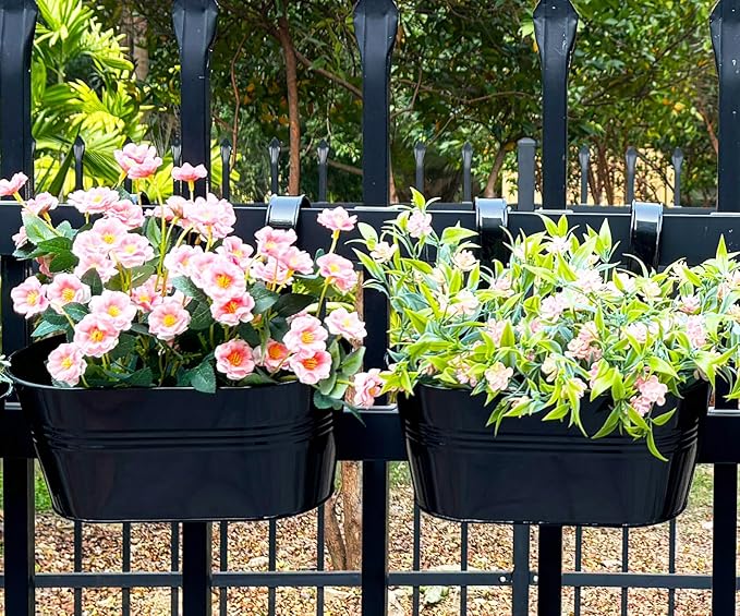 8 Pack Metal Hanging Planter for Outdoor Plants, 10 Inch Black Fence Planters Railing Pots for Garden Patio Balcony Decor, Flower Bucket with Detachable Hooks (Black, 8Pcs) JOYFERNAL