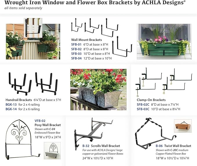 Achla Designs SFB-02 Wall-Mount, 8 inch Flower Window Box Planter Brackets, 8-inch, Black ACHLADesignsHomeGarden