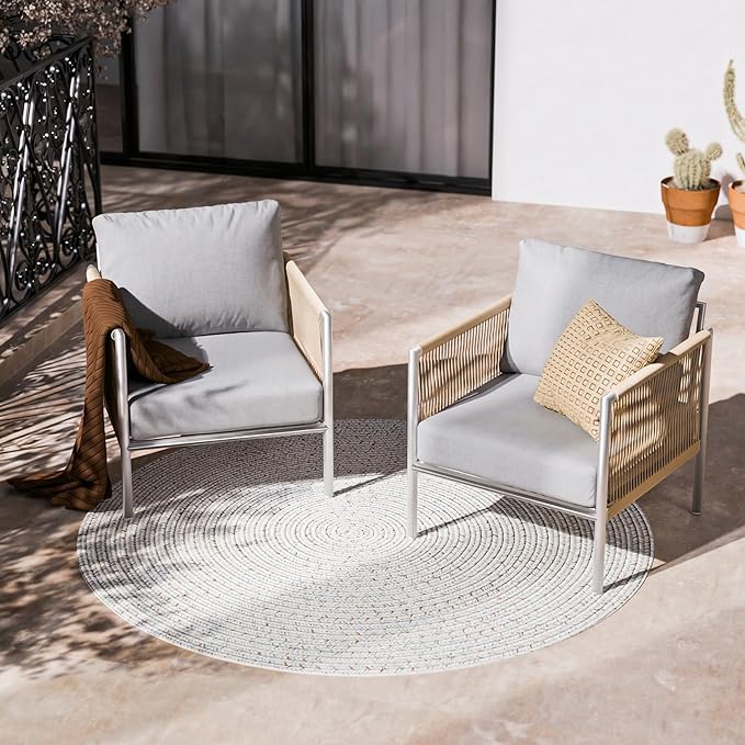 ZANDOR Aluminum Outdoor Patio Furniture 2 Pcs Armchair, All-Weather Metal Modern Outside Furniture with Washable Thick Cushion, HDPE Woven Rope Rattan Bistro Sofa Chair, Garden/Backyard/Porch, Silver ZANDOR%7CCraftingYourOutdoorElegance