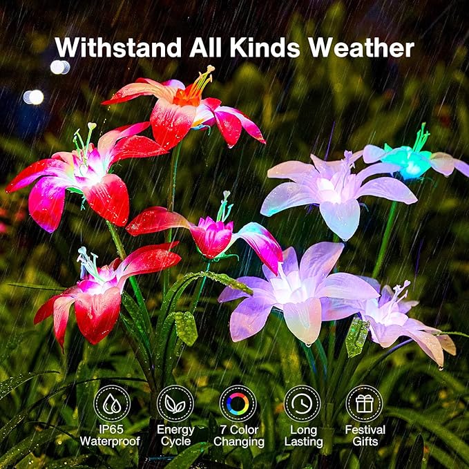 Solar Garden Lights Outdoor, 4 Pack Blooming Lily Solar Flowers Outdoor Waterproof, 7 Color Changing Bigger Flower Lights for Yard Patio Decor, Gift for Mom AHAORIGIN