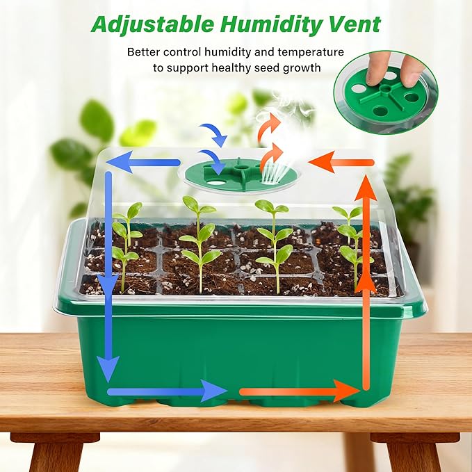 Bonviee 5-Pack Seed Starter Trays, Seed Starter Kit with Adjustable Humidity Dome and Base Indoor Greenhouse Mini Propagator for Seeds Growing Starting (12 Cells Per Tray, Green) BonvieeDirect