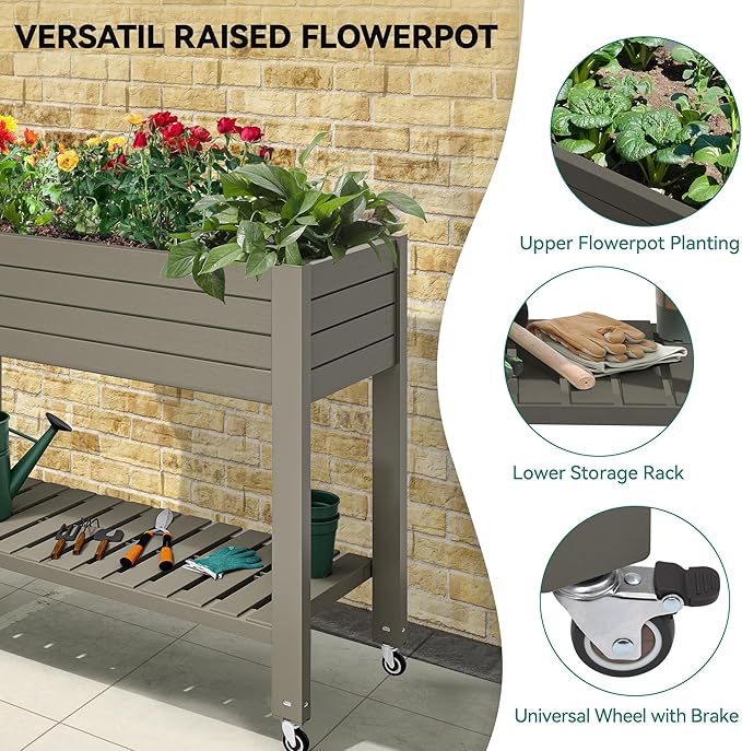 YITAHOME 43.3x17.7x34 in Elevated Garden Bed, Outdoor Plastic Planter Box with Wheels, Legs, Drain Plug, and Storage Shelf for Plants, Vegetables, Flowers, Herbs, Light Brown YITAHOME