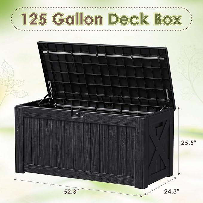 Devoko 125 Gallon Outdoor Storage Box, Waterproof Resin Deck Box for Patio Furniture, Lockable Container for Garden Cushions & Pool Supplies (Black, 125 Gallon) DEVOKO
