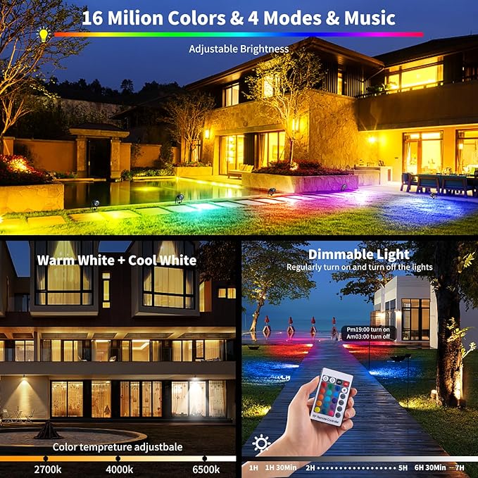 1500LM LED High Brightness Outdoor Landscape Lighting 15W RGBCW Color Changing Landscape Lights Remote Control Spot-Lights with Plug in IP66 Waterproof Flood Light for Garden - 4 Pack LEACOCO