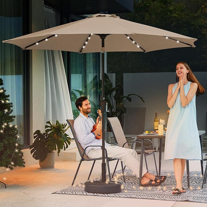 JEAREY 9FT Outdoor Patio Umbrella with Solar Lights, LED Lighted Pool Umbrella with Tilt and Crank, Outdoor Table Umbrellas for Deck, Yard & Market (Beige) JEAREYOutdoorsCollection