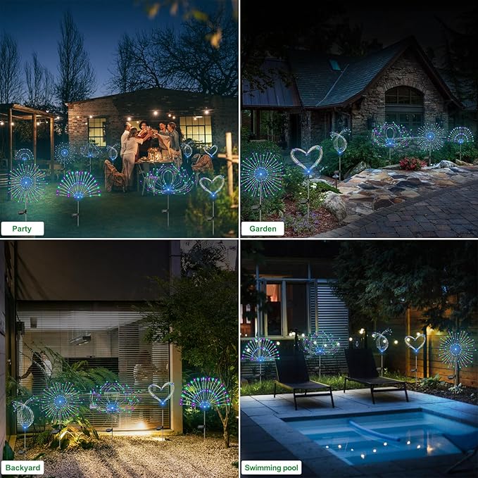 Solar Garden Lights Outdoor Waterproof, 2 Pack 120 LED Solar Firework Lights Decorative Garden Décor Outside for Flowerbed Pathway Party Halloween Christmas Decorations, Green + Purple Slyuexu