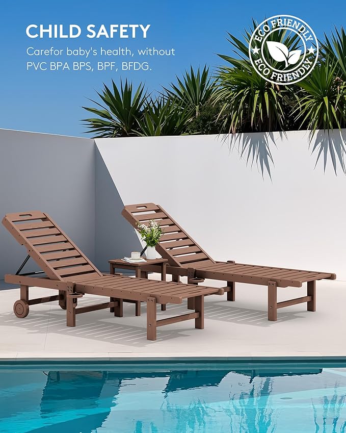 SERWALL Patio Chaise Lounge, HDPE Outdoor Lounge Chair with Cup Holder, 5 Positions Adjustable Poly Lounger with Rolling Wheels for Poolside, Deck, Sunbathing, Brown SERWALL
