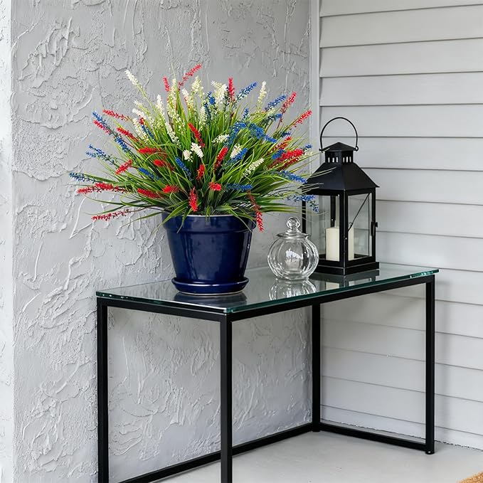 Artificial Faux Plants for Outdoor Spring Decoration, 12 Pcs Fake Monkey Grass for Garden Porch Balcony Planters, Fake Flowers Shrubs UV Resistant No Fade Plants Greenery Bush (Red Blue White) Ammyoo