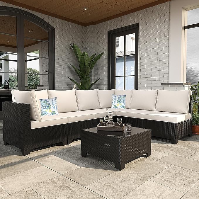 Outdoor Wicker Patio Furniture Set, Rattan Sectional Sofa Set with Thick Cushions (Coffee/Beige, 7 Piece Sofa Set) Ophelian