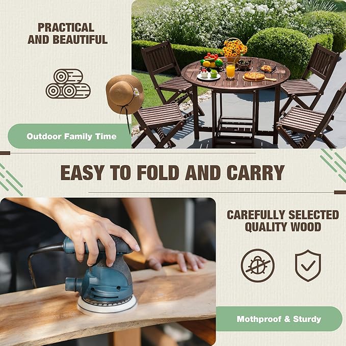 Devoko 5 PCS Patio Furniture, Patio Dining Set Acacia Wood Outdoor Table and Chairs, with 4 Folding Chairs and 37" Round Movable Table, Outdoor Dining Set for Lawn, Balcony, Garden (Deep Brown) DEVOKO