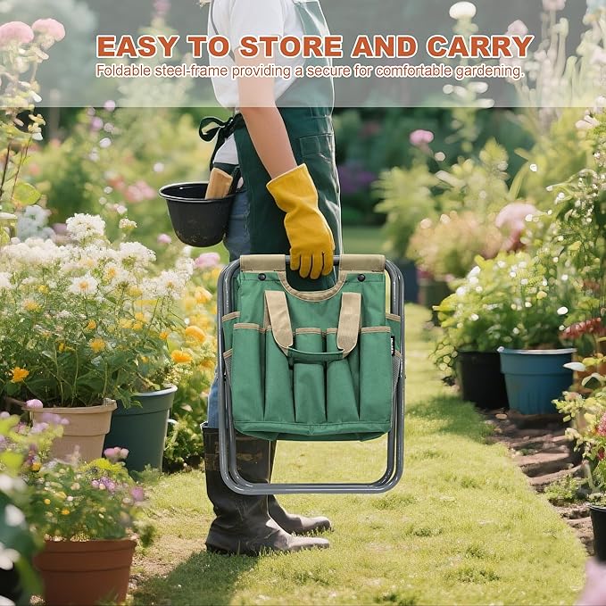 MDSTOP Folding Gardening Stool with Detachable Storage Tote Bag, Gardening Tools Set Organizer for Fishing Outdoor Sports Hiking Camping Garden, Gardening Gifts for Mom/Dad and Gardeners (Polyester) MDSTOP