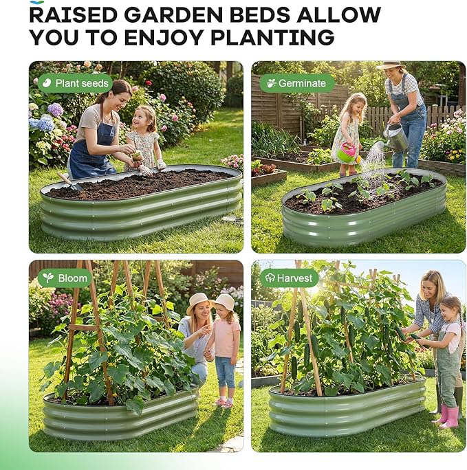 Galvanized Raised Garden Bed Outdoor, 6x3x1ft Oval Metal Raised Beds for Gardening, Rust-Resistant Garden Planter Box for Planting Vegetables, Flowers, Fruits in Lawn(Olive Green, 2 Packs) HEALSTOK