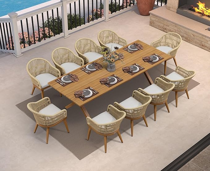 PURPLE LEAF 11 Pieces Patio Dining Set with Outdoor Aluminium Dining Table and Woven Chairs Modern Metal Furniture Cushions Sets for Garden Yard Indoor Decor Kitchen Teak PURPLELEAF
