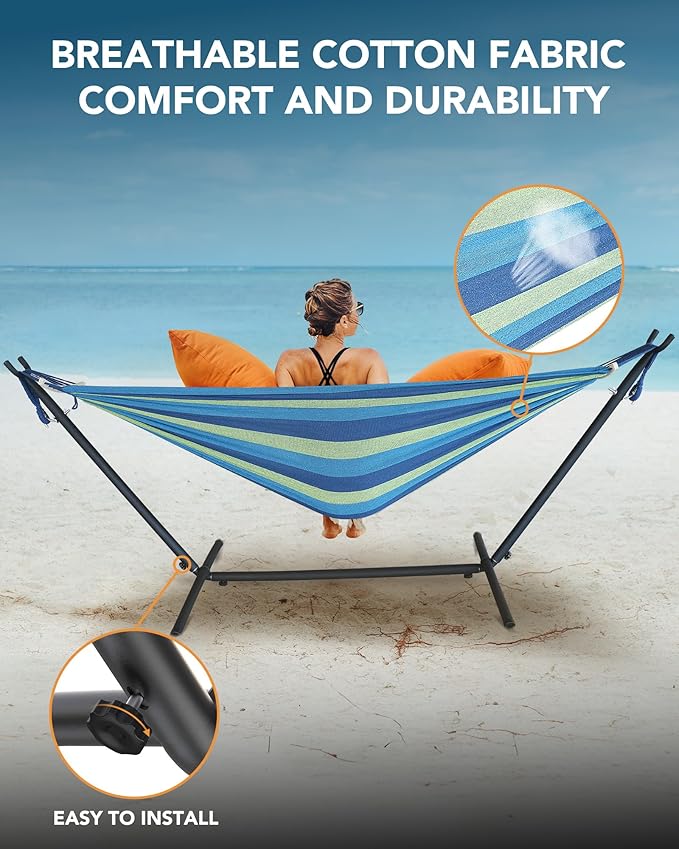 Double Hammock with Space-Saving Steel Stand, 2 Person Heavy-Duty Hammock for Garden, Yard or Outdoor, 600lbs Capacity, Wide Blue Rootora