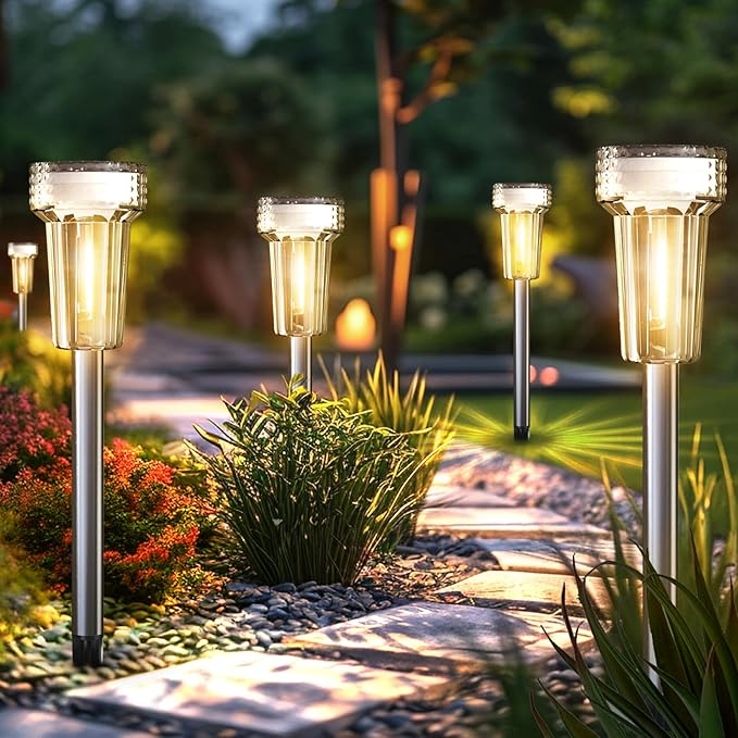 Mancra Solar Lights Outdoor Waterproof, 8 Pack Stainless Steel Tungsten Bulb Solar Pathway Lights Waterproof Garden Decor for Path Yard Lawn Walkway Driveway Mancra