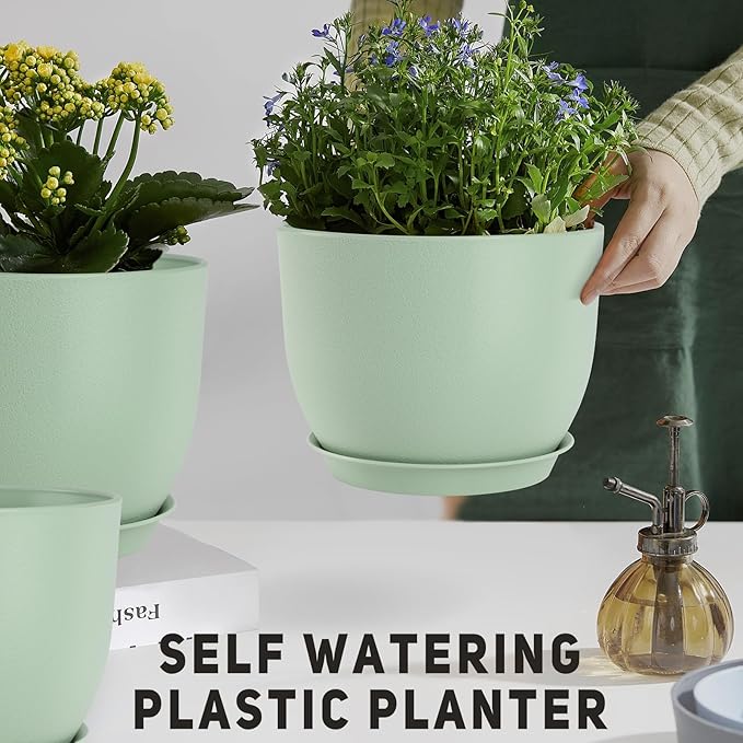 Plant Pots 10/9/8/7.5/7 inch Flower Pots with Multi Mesh Drainage Holes, Planters for Indoor Outdoor Garden Plants and Flowers. (Green) AFamilyofGardenLovers
