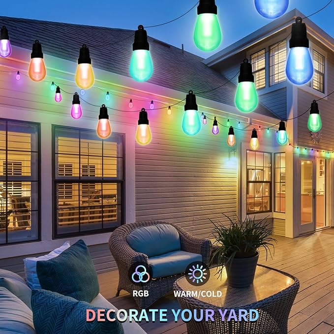 Outdoor String Lights 100FT (2×50FT), Patio Lights with 40 Dimmable RGBW LED Bulbs, IP66 Waterproof & Shatterproof, APP & Remote Control, 24V Adapter, Color Changing Lights for Backyard Decor CAWWS