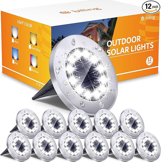 Biling Solar Outdoor Lights 12 Pack, Bright 12 LEDs Solar Ground Lights Waterproof, Flat Landscape Lighting Solar Powered for Yard Walkway Pathway Garden Driveway (White) biling