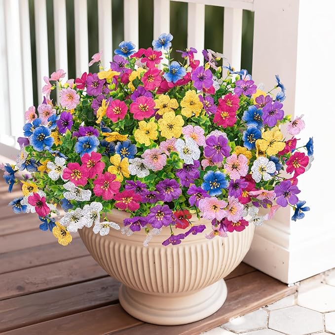 Bassion Artificial Flowers for Outdoors, 24 Bundles UV Resistant Fake Flowers Realistic Silk Faux Plants for Outdoor Planter Window Box Porch Patio Garden Home Outside Decorations Bassion