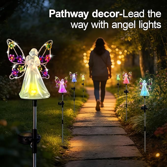 Angel Solar Lights for Cemetery Memorial Gift Grave Decorations Solar Angel Stake Lights Outdoor Waterproof Garden Decor Yard Lawn Ornaments, Angel Gifts for Women 2 Pack ELFENGARDEN