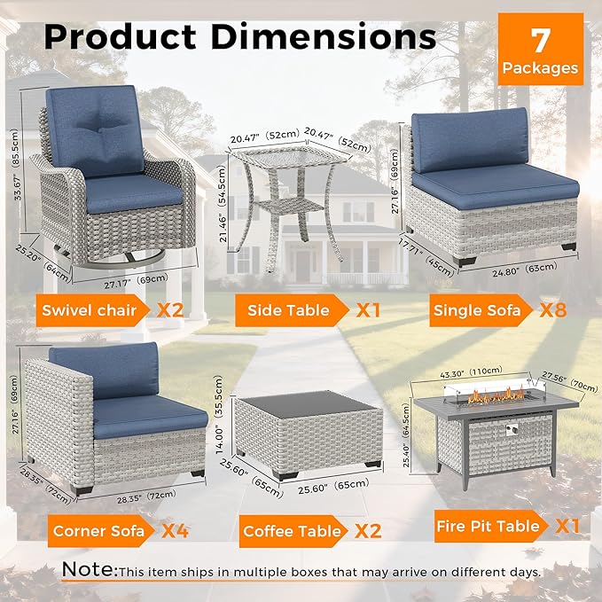 14-Seat Outdoor Wicker Patio Furniture Set with Fire Pit Table, Modular Rattan Sectional Sofa & 2 Swivel Rocking Chairs, 4" Thick Cushions, Rust-Resistant Frame,Navy MASIONBACKYARDS