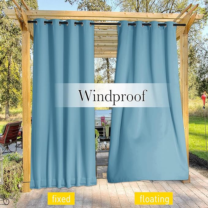NICETOWN 2 Panels Weighted Blackout Outdoor Curtains for Patio Waterproof, Grommet & Back Tab on top and Bottom Windproof Privacy Thermal Drapes for Cabana with Fixed Rope, W52 x L95, Teal Blue NICETOWN