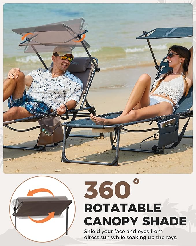 KingCamp Tanning Chair with Face Hole, Lounge Chairs Outdoor Folding Comfy Adjustable 5-Position Foldable Chaise Chaser with Canopy Shade for Outside Beach Patio Sun Bathing, Beige KingCamp