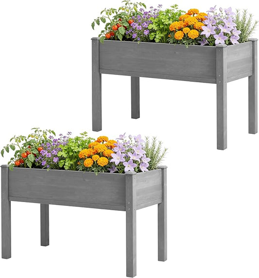 SoliWood Set of 2 Raised Garden Bed with Legs, 48x24x30'', Outdoor Wood Elevated Planter Box, Grey Cedar, Thick Legs, w/Liner OutdoorFurniture