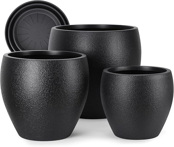 Plant Pots 17.5/14.8/12.2 inch Set of 3, Flower Pots with Drainage Holes, Large Planters for Indoor Outdoor Garden Plants and Flowers. (Black) AFamilyofGardenLovers
