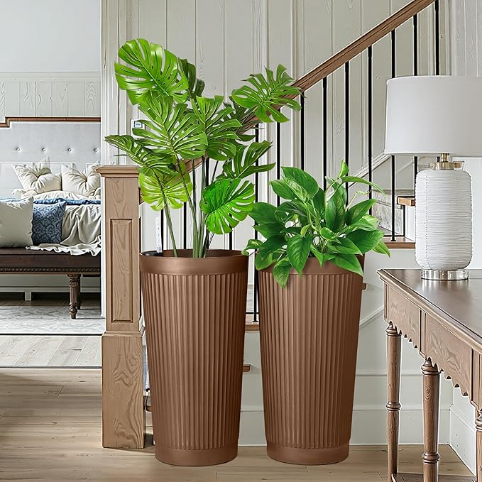 FENCY 2Pack 24IN Self Watering Planter for Indoor Plants, Plastic Large Planter for Outdoor Plants, Water Level Indicator& Spacious Reservoir Flower Planter Decorative(Brown) FENCY
