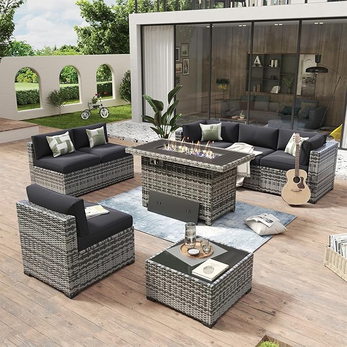 Aoxun 8 Piece Patio Furniture Set with 44'' Fire Pit Table Wicker Rattan Patio Conversation Set Outdoor Sectional Sofa Set with Coffee Table, Grey/Black (Waterproof Cover Included) Aoxun