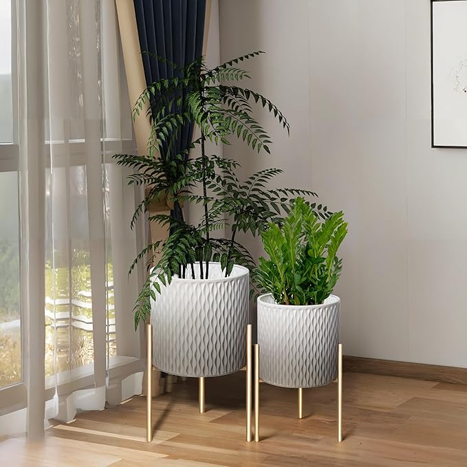 ARNIS Plants Pots with Stand,Set of 2 Flower Pots, Unique Mid Century Decorative Metal Flower Pots with Drainage,10.5&12.25 Inch, Grey and White ARNIS