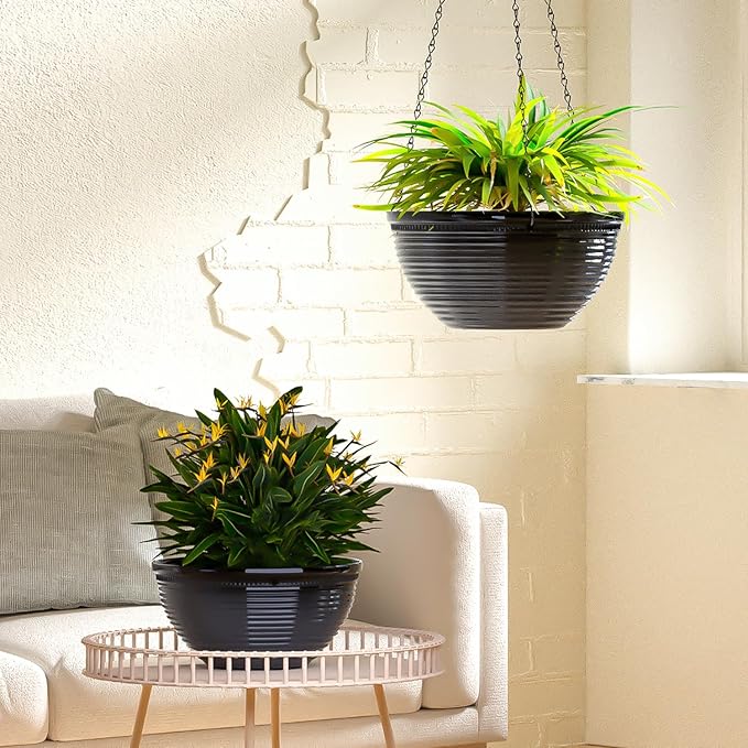 2 Pack Hanging Planters for Indoor Outdoor Plants, 10 Inch Hanging Planter with Drainage Hole & Plug Glazed Hanging Baskets Flower Pots for Garden Home (Black) Vanslogreen