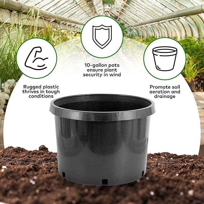 Pro Cal 10 Gallon Premium Nursery Plastic Planter Flower Herb Vegetable Garden Grow Pots with Drainage Holes for Outdoor and Indoor Use, Black, 5 Pack Hydrofarm