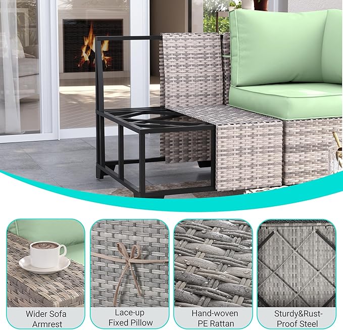 12-Piece Outdoor Patio Furniture Set Wicker Sectional Sofa Set, Patio Conversation Set with Thickened Cushions & Coffee Table for Garden, Backyard, Poolside, Light Green MuphyersPatioFurniture