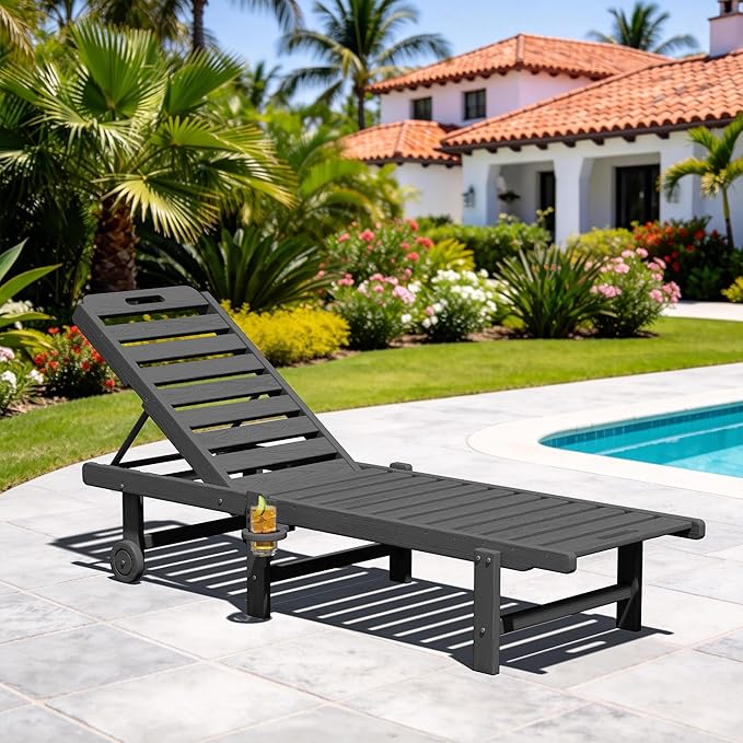 SERWALL Outdoor Chaise Lounge Chair, HDPE Patio Lounge Chair with Cup Holder, 5 Positions Adjustable Poly Lounger with Rolling Wheels for Poolside, Deck, Sunbathing, Grey SERWALL