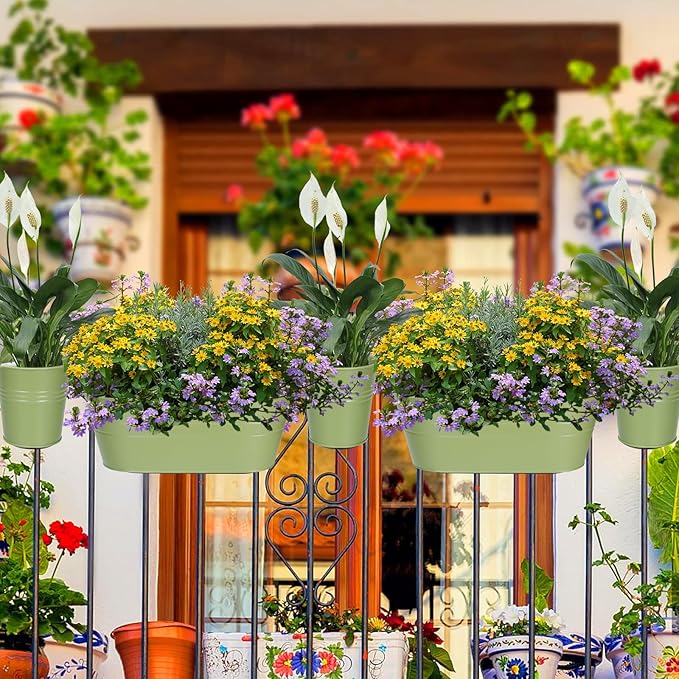 HowRU Metal Iron Flower Pots for Railing Fence Hanging Bucket Pots(5 Pcs) and Hanging Flower Pots Metal Iron Bucket Planter(10 Pcs) (Green) HowRU
