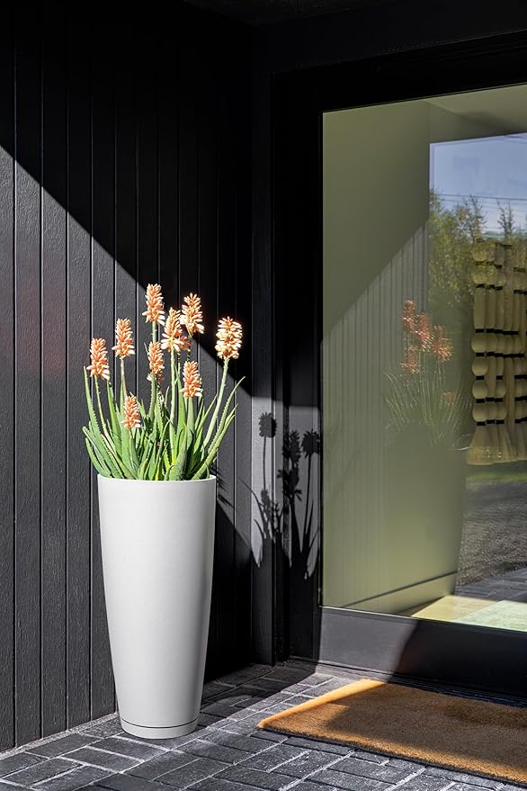 Veradek Vega Round Tall Planter Pots for Indoor/Outdoor Use | Made from Plastic - Stone Mix with Drainage Holes | Perfect for Small to Large Succulent Plants, Flowers, Modern Interior Plants VeradekOutdoor
