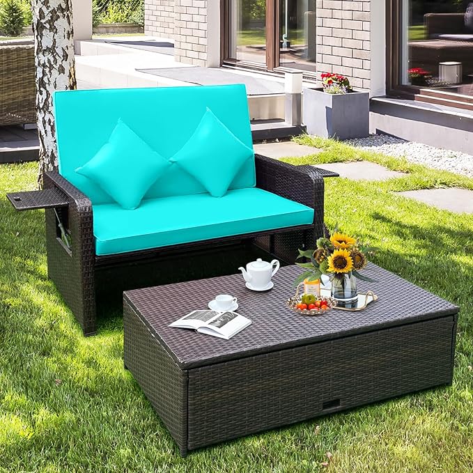 Nightcore Wicker Patio Outdoor Daybed, Outdoor Chaise Lounger w/ 4-Level Adjustable Backrest, Retractable Side Trays, Storage Ottoman, Comfortable & Removable Cushions, Rattan Loveseat (Turquoise) Goplus