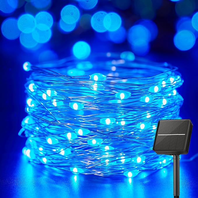 Minetom Solar String Lights for Outside, 33Ft 100 LED Outdoor Solar Fairy Lights, 8 Modes Balcony Lights for Tree Patio Christmas Party Wedding Decor (Blue) Minetom