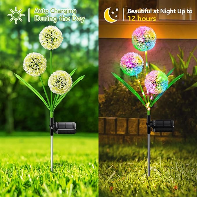 Solar Lights Outdoor Garden Decor: 2 Pack Upgraded Solar Dandelion Garden Light Decorative Landscape Lighting - Waterproof Outside Color Gift for Mothers Day Decoration for Yard Lawn Patio BONLION