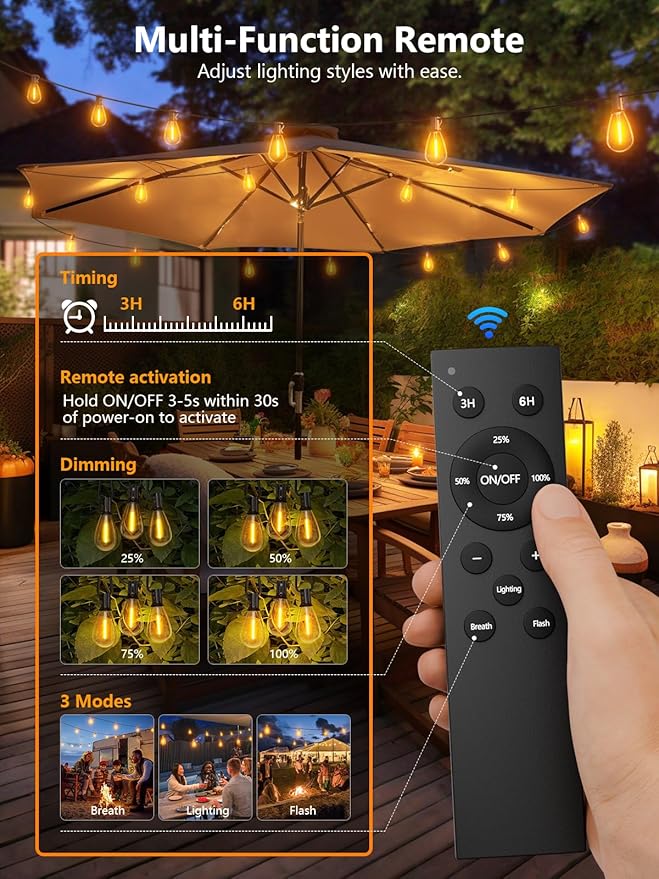 luckystyle 150FT LED Outdoor String Lights with Remote, 55+2 Shatterproof Bulbs Waterproof and Dimmable Patio Lights for Porch, Garden, Backyard, Deck, Balcony, 2700K Hanging Lighting luckystyle