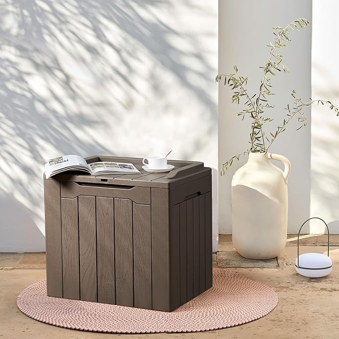 Flamaker Deck Box 31 Gallon Waterproof Resin Small Deck Box with Lid, Indoor Outdoor Package Delivery Box, Organization and Storage for Patio Furniture, Garden Tools, Outdoor Cushions (Deep Brown) Flamaker