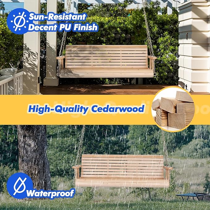 VINGLI Upgraded Patio Wooden Porch Swing for Courtyard & Garden, Heavy Duty 880 LBS Swing Chair Bench with Hanging Chains for Outdoors (Natural, 5 FT) VINGLI
