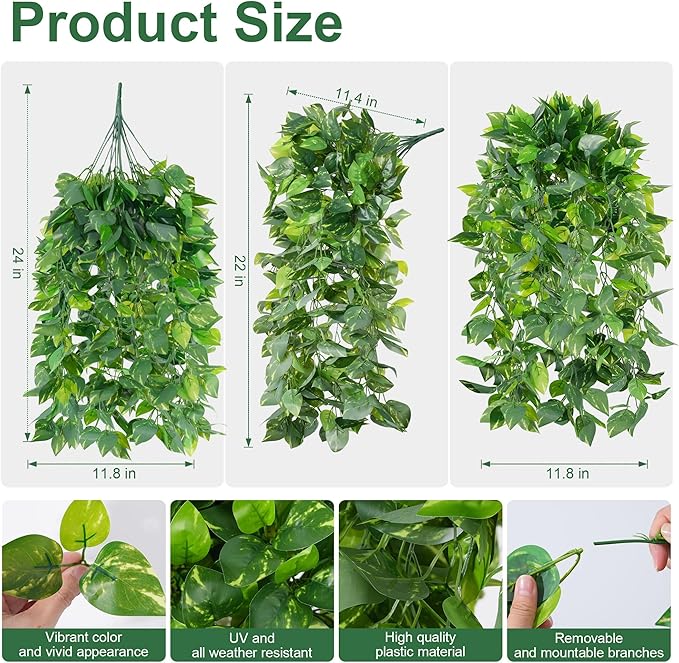 Faux Outdoor Plants Fake Hanging Plants for Outdoors Outside Decorations, 2 Pcs Green Faux Pothos Plant Vines Realistic UV Resistant Artificial Greenery for Planters Porch Garden Yard Front Door Patio Ivydale
