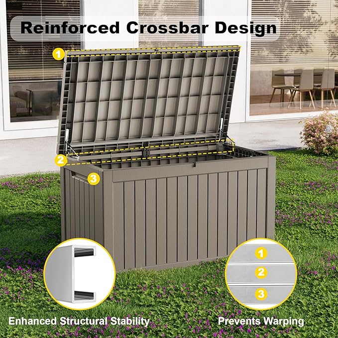 280 Gallon Outdoor Storage Box, Large Resin Deck Box for Patio Cushions, Garden Tools, Pool Accessories, Waterproof and Lockable Design, Storage Bench for Backyard & Deck(Gray) Rootora