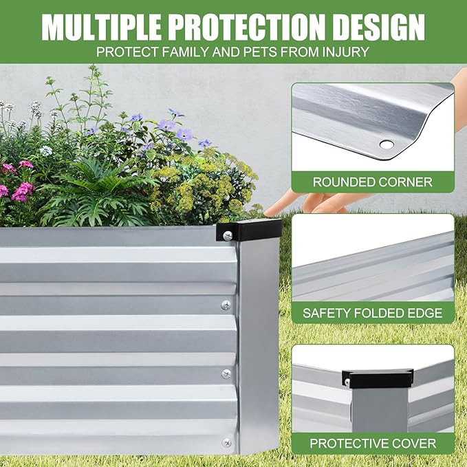 Galvanized Raised Garden Bed Outdoor | Metal Raised Garden Bed for Gardening 2Pack | Large Planter Box for Vegetables Flowers Fruits | Easy Assembly & Safety Design Flower Beds 8x4x1ft Silver Zettfuly