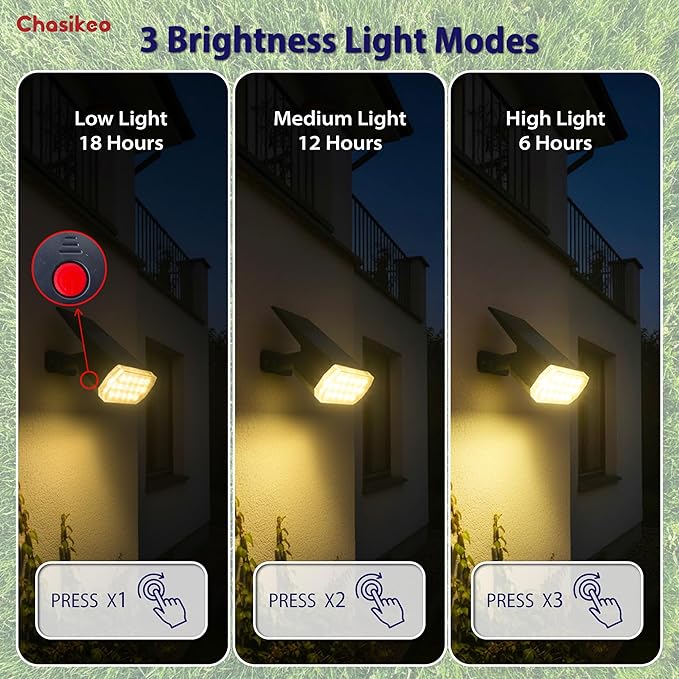 Solar Lights Outdoor Waterproof, 3 Lighting Modes Solar Spot Lights Outdoor, LED Solar Spotlights, Ultra Bright Dusk-to-Dawn Uplights for Garden, Landscape, Yard, Pathway, IP65, Auto On/Off Chasikeo